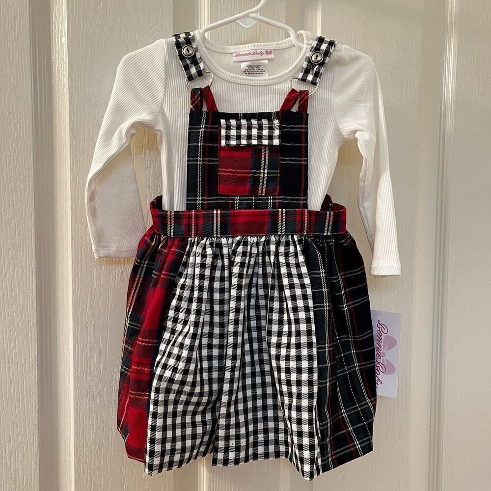 Bonnie Baby Plaid 2-Pc Jumper Dress and Long Sleeve Top Set Girls 18 Months NWT